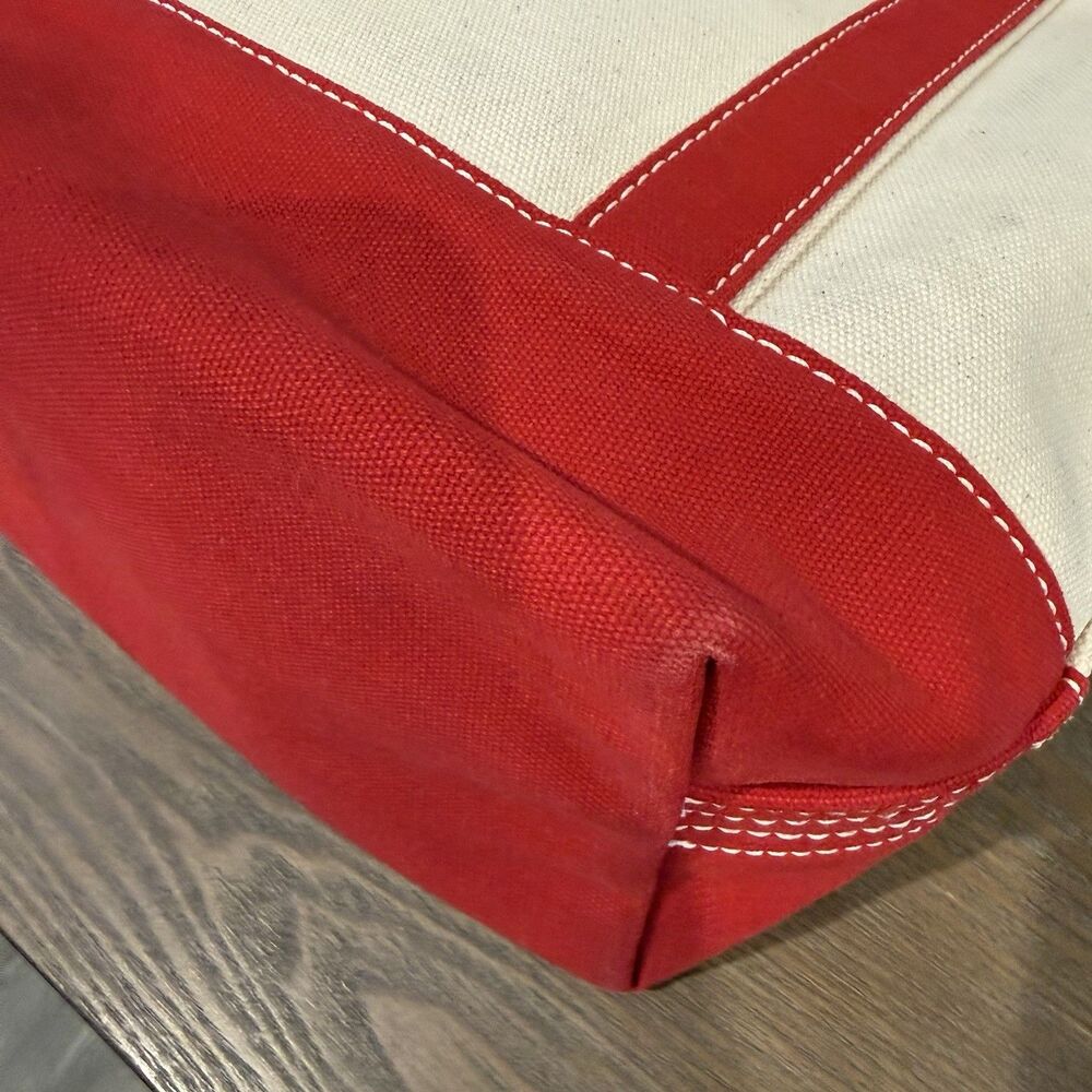 Lands End Open Top Canvas Tote Bag M Shoulder Red Natural Cotton Preppy Sturdy - Picture 13 of 16